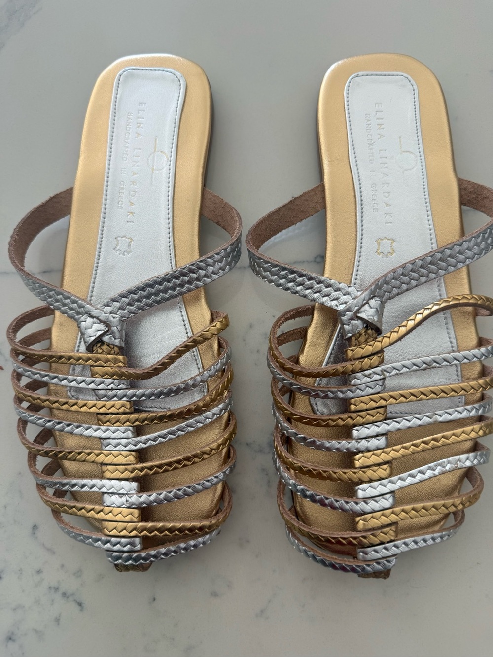 Elina Linardaki Metallic Gold & Silver Braided Slide Sandals